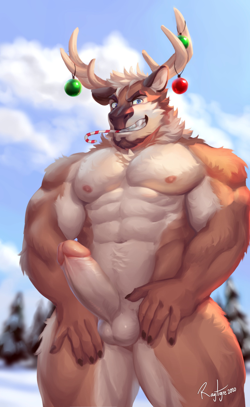 2020 abs absurd_res anthro antlers balls biceps blue_eyes body_hair bottomwear brown_body brown_fur candy cane capreoline cervid christmas christmas_ornament clothing dessert erection evergreen_tree facial_hair food food_in_mouth front_view fur furry_only genitals happy_trail hi_res holidays horn humanoid_genitalia humanoid_penis looking_at_viewer male mammal multicolored_body multicolored_fur muscular muscular_anthro muscular_male neck_tuft nipples nude open_mouth outside pecs penis pine_tree pinup plant portrait pose presenting presenting_penis quads r_tigre_(artist) raytig12 raytigre reindeer sky snow solo standing teeth three-quarter_portrait tree triceps tuft two_tone_body two_tone_fur white_body white_fur