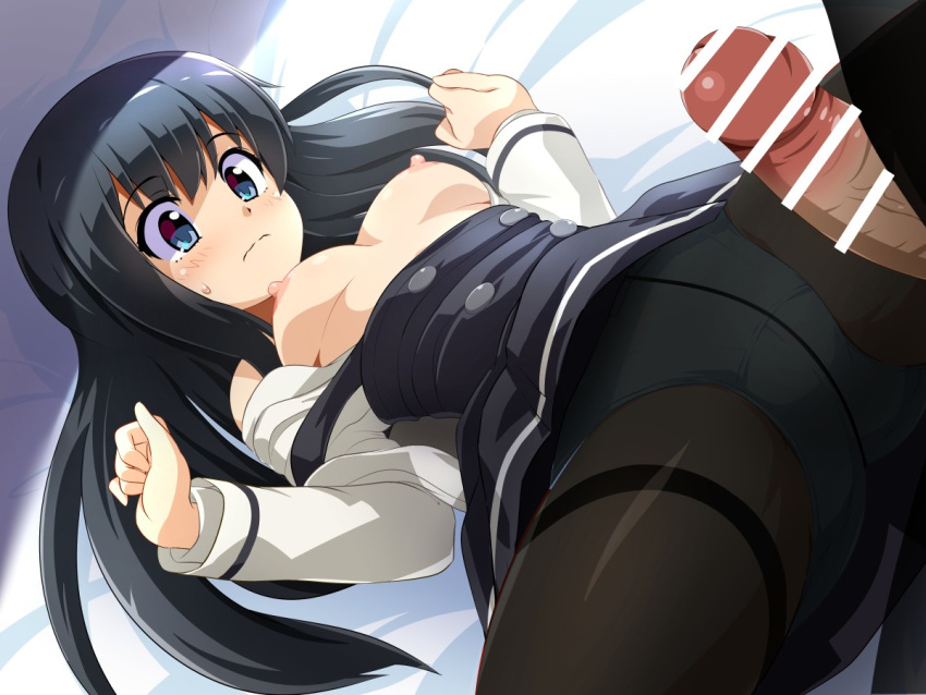 1boy 1girls asashio_(kantai_collection) bangs bar_censor black_dress black_hair black_legwear blue_eyes blush breasts censored crotch_seam dress dress_pull eyebrows_visible_through_hair faceless_male female hair_between_eyes imminent_sex kantai_collection konpeto long_hair looking_at_penis lying male nipples on_back open_clothes open_shirt panties panties_under_pantyhose pantyhose penis pinafore_dress school_uniform shirt shirt_pull small_breasts spread_legs straight thighband_pantyhose underwear wavy_mouth white_shirt