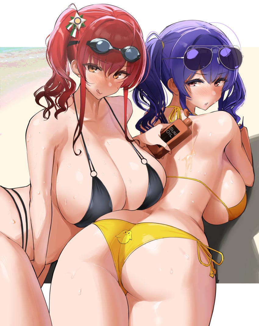 2girls absurdres ass azur_lane back bangs bare_shoulders beach bikini black_bikini blush breasts butt_crack cleavage collarbone eyewear_on_head goggles goggles_on_head highres huge_breasts licking_lips long_hair looking_at_viewer looking_back lotion lotion_bottle multiple_girls nanae orange_eyes pola_(azur_lane) pola_(seaside_coincidence)_(azur_lane) purple_hair red_hair side_ponytail sidelocks smile sunglasses swimsuit thighs tongue tongue_out twintails yellow_bikini yuri zara_(azur_lane) zara_(poolside_coincidence)_(azur_lane)