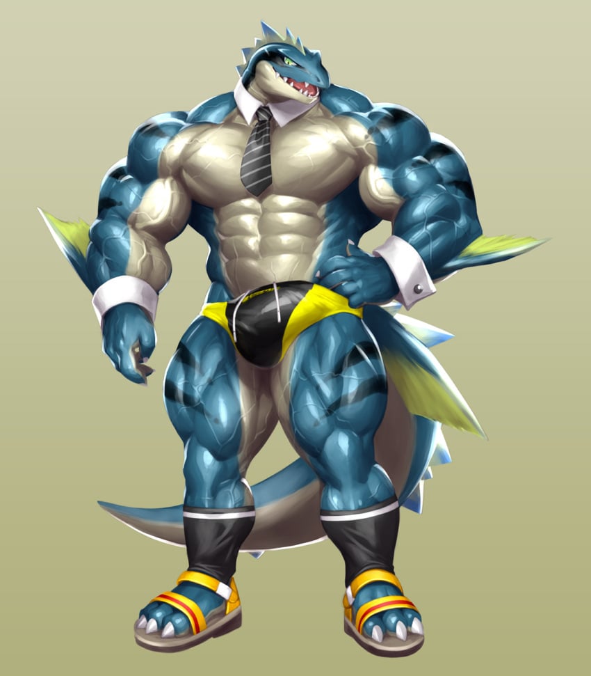 1boy 2020 3_toes abs anthro barazoku big_bulge big_muscles blue_body bulge claws clothing cuffs_(disambiguation) fin footwear grey_background hi_res kuroma loch_ness_monster male male_only marine multicolored_body muscular muscular_anthro muscular_male necktie nessie open_mouth open_smile pecs quads sandals scalie sharp_teeth simple_background smile solo speedo striped_body stripes swimwear teeth toes two_tone_body vein veiny_muscles white_body