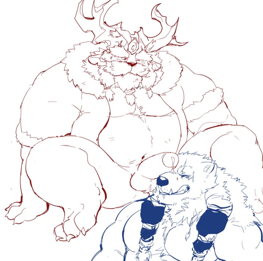 2020 anthro balls belly bovid caprine duo fuddyblog genitals hi_res kemono league_of_legends male male/male mammal ornn overweight overweight_male penis polar_bear riot_games scar simple_background sitting sketch ursid ursine video_games volibear white_background