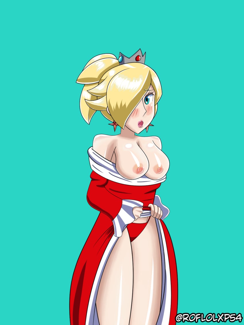 1girls alternate_costume alternate_hairstyle bare_legs bare_shoulders big_breasts blonde_hair blue_eyes blush dress dress_lift lifted_by_self light_blue_eyes looking_at_viewer mario_(series) nintendo one_eye_covered open_mouth panties princess_rosalina red_panties roflolxp54 simple_background skirt_lift solo solo_female super_mario_3d_world uncensored