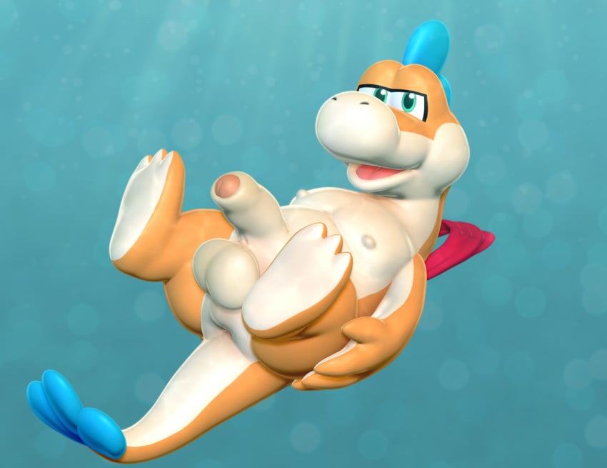 3d anthro anus balls cinnamoncookies foreskin genitals hi_res male mario_(series) neckerchief nintendo penis plessie solo solo_focus super_mario_3d_world underwater video_games water