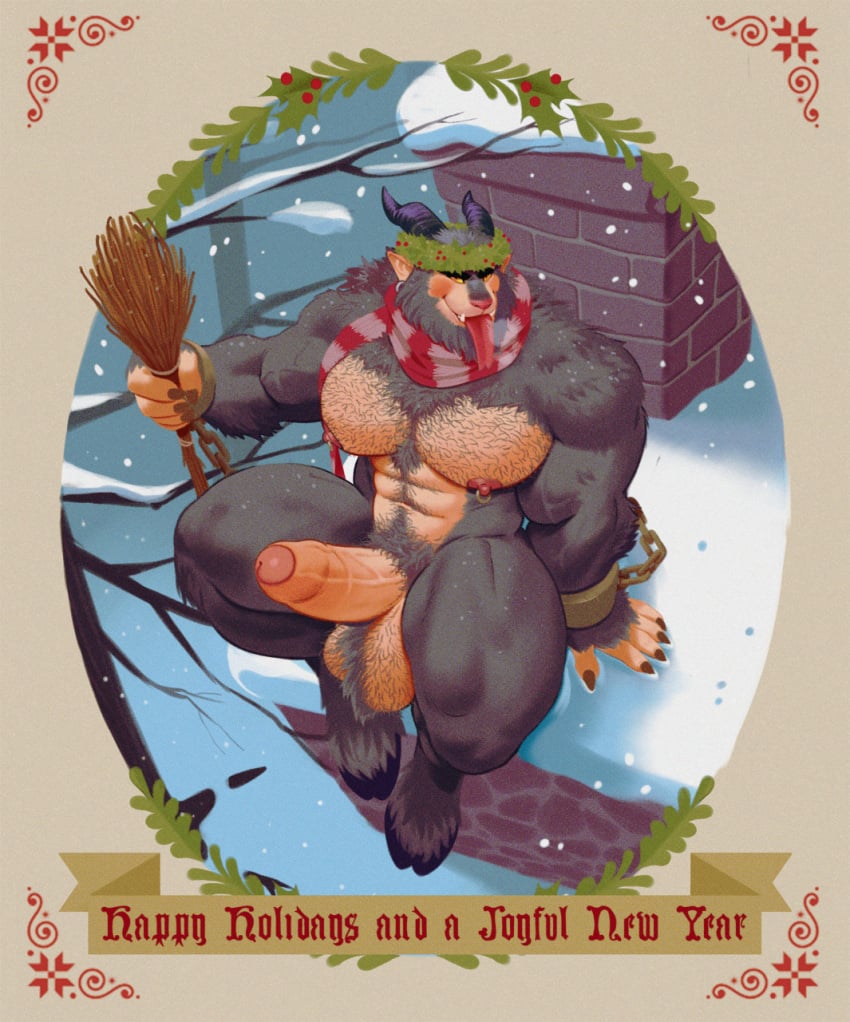 anthro balls beard big_balls big_penis body_hair bovid caprine caprine_demon chest_hair christmas demon dirtyyeen english_text erection facial_hair foreskin fur genitals hairy_balls hi_res holidays hooves horn krampus long_tongue male male_only mammal muscular muscular_anthro muscular_male nipple_piercing nipples outside pecs penis piercing pubes scarf shoegaze. sitting snow solo text thick_thighs tongue uncut