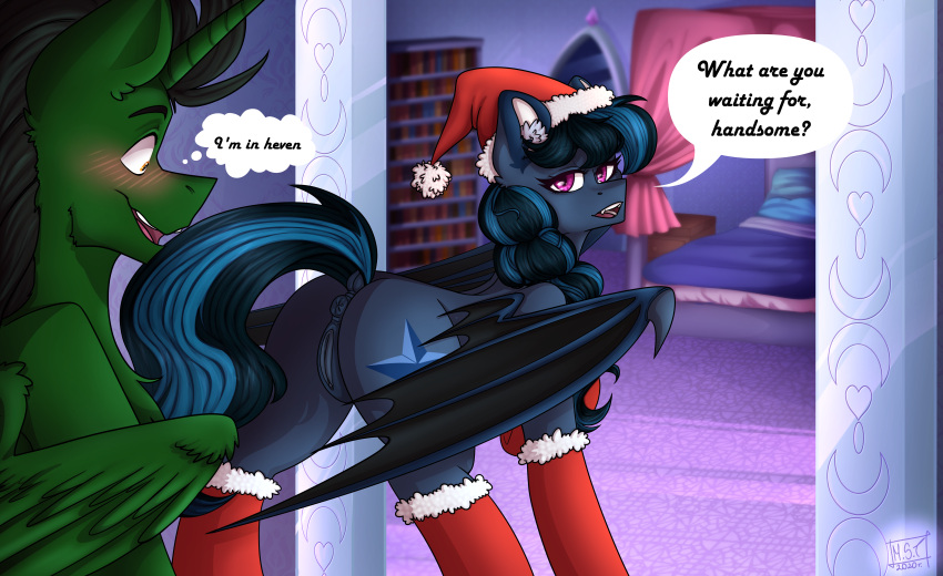 absurd_res alicorn anus bat_pony bed blush christmas christmas_clothing christmas_headwear clothing dialogue duo english_text equid fan_characters female feral furniture genitals hasbro hat headgear headwear hi_res holidays horn male mammal my_little_pony pussy santa_hat straight text tyna wings