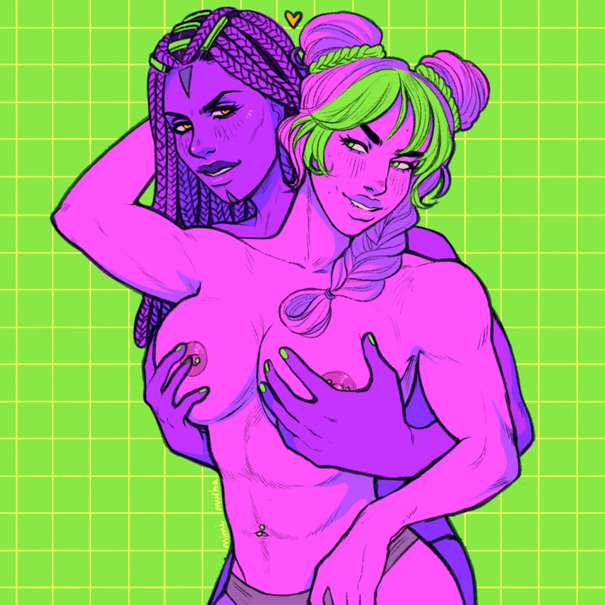 2girls abs armpits belly_piercing big_breasts biting_lip blush braids breast_grab dark-skinned_female dark_skin ermes_costello eye_contact female_only grabbing_from_behind interracial jojo's_bizarre_adventure jolyne_kujo looking_at_another looking_back mimimurha muscular muscular_female navel_piercing nipple_piercing partially_clothed sexy_armpits stone_ocean toned toned_female topless yuri