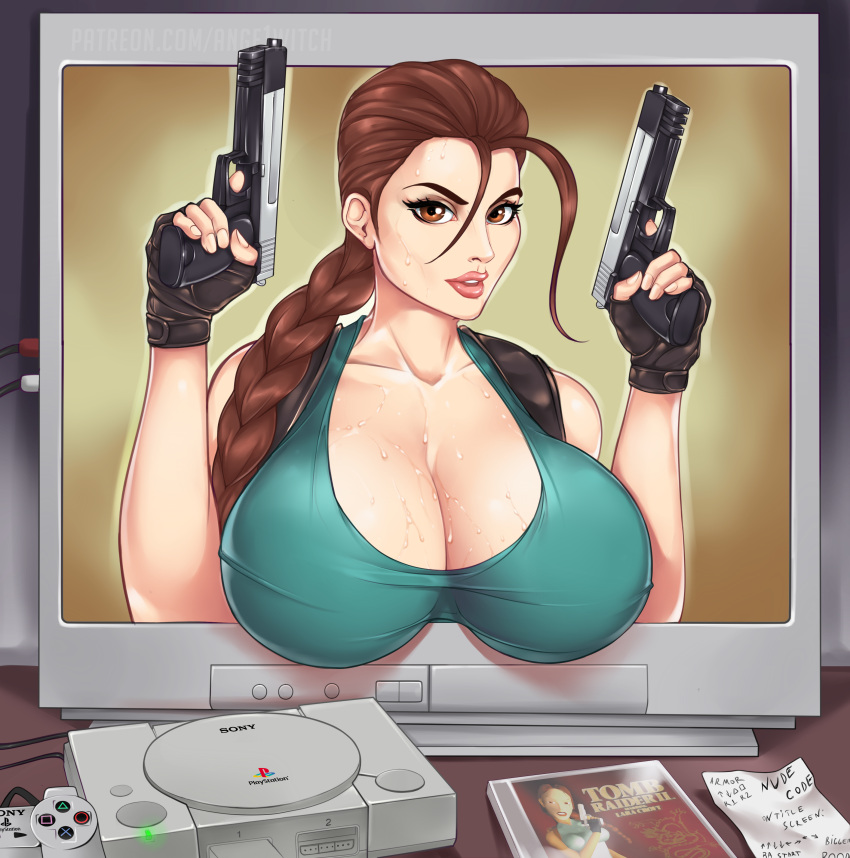 1girls ange1witch areolae bag big_breasts breasts clothing eidos female female_only firearm gun handgun handwear huge_breasts human lara_croft lara_croft_(classic) large_breasts long_hair pistol playstation solo tagme tomb_raider weapon