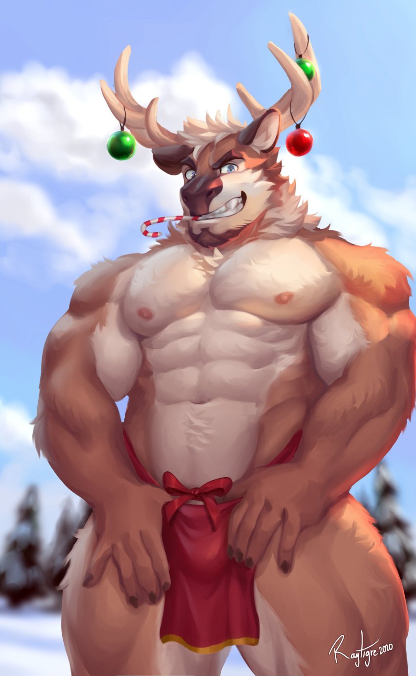 2020 abs absurd_res anthro antlers barazoku biceps blue_eyes body_hair bottomwear bow_(knot) brown_body brown_fur bulge candy cane capreoline cervid christmas christmas_ornament clothed clothing dessert evergreen_tree facial_hair flaccid food food_in_mouth front_view fur furry_only genitals happy_trail hi_res holidays horn loincloth looking_at_viewer male mammal multicolored_body multicolored_fur muscular muscular_anthro muscular_male neck_tuft nipples open_mouth outside pecs penis pine_tree pinup plant portrait pose quads r_tigre_(artist) raytig12 raytigre red_loincloth reindeer skimpy sky snow solo standing teeth three-quarter_portrait tree triceps tuft two_tone_body two_tone_fur white_body white_fur