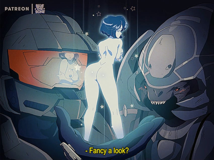 2d 2d_animation animated arbiter artificial_intelligence ass bluethebone cortana covenant dancing english_text female group halo_(series) held_in_hand hologram human male_human male_sangheili_(halo) male_spartan_(halo) master_chief minigirl nude nude_female retro_artstyle sangheili seductive size_difference smaller_female spartan_ii_(halo) suggestive text