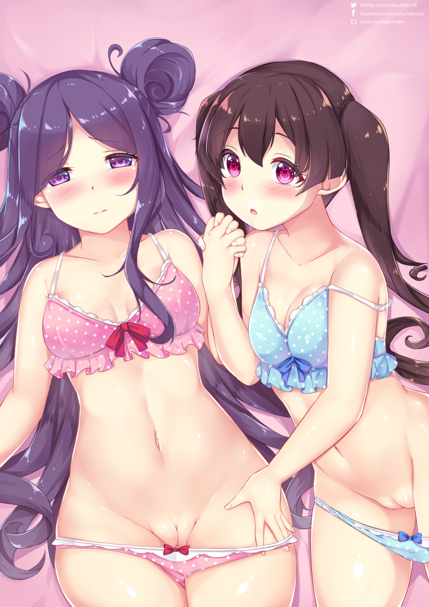 2girls absurdres bed_sheet blush bow bra breasts brown_hair commentary double_bun facebook_username groin hand_on_another's_thigh heart heart_in_eye highres holding_hands innie_pussy interlocked_fingers lips long_hair looking_at_viewer medium_breasts midori_hemo mons_pubis multiple_girls nabunabu navel ochikobore_fruit_tart open_mouth panties panty_pull purple_eyes purple_hair pussy red_eyes sekino_roko symbol_in_eye twintails twitter_username underwear vagina very_long_hair yuri