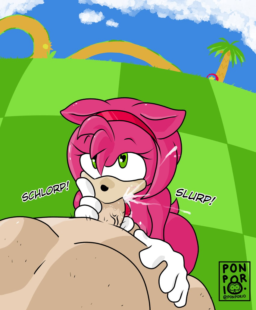 1boy 1girls absurd_res amy_rose anthro anthro_penetrated bodily_fluids cum eulipotyphlan eye_contact fellatio female first_person_view genital_fluids green_eyes green_hill_zone hedgehog hi_res human human_on_anthro human_penetrating human_penetrating_anthro interspecies looking_at_another looking_at_viewer male male/female male_human/female_anthro male_on_anthro mammal mobian_(species) mouth_shot oral overweight overweight_male penetration penile ponporio_(artist) sega sex sonic_(series) sonic_the_hedgehog_(series)