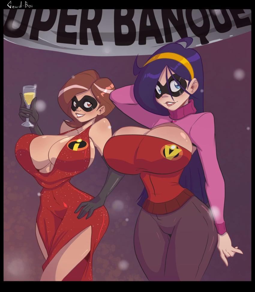 2girls aged_up big_breasts blue_eyes breasts bursting_breasts christmas disney elastigirl elbow_gloves female female_only gewd-boi helen_parr huge_breasts long_hair milf mother_and_daughter pixar purple_hair red_eyes short_hair smooth_skin the_incredibles tight_clothing violet_parr wide_hips