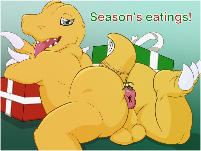 1boy agumon anthro anus ass balls barefoot benjibat border christmas claws digimon digimon_(species) feet genitals gift hi_res holidays leaning leaning_forward lying male male_only mistletoe nude on_front plant presenting presenting_anus presenting_hindquarters puffy_anus raised_leg raised_tail solo teeth text toes tongue tongue_out white_border yellow_body yellow_skin