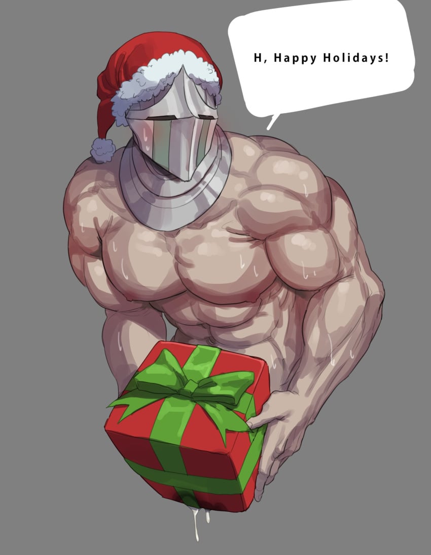 bara barazoku bodily_fluids christmas cum dick_in_a_box gay holidays knight male male_focus male_only masked_male muscles muscular muscular_male santa santa_hat shy sweat verbal