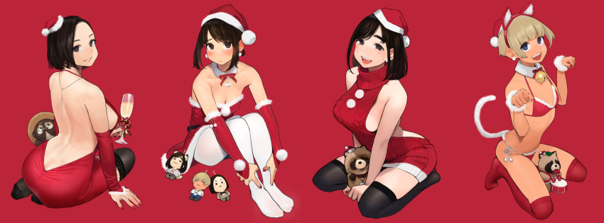 4girls :3 animal_ears backless_outfit black_hair black_legwear cat_ears cat_tail chibi christmas christmas_sweater douki-chan's_boss_(yomu_(sgt_epper)) douki-chan's_rival_(yomu_(sgt_epper)) douki-chan_(yomu_(sgt_epper)) ganbare_douki-chan highres intern-chan_(yomu_(sgt_epper)) multiple_girls okuzumi_maiko stitched stuffed_animal stuffed_tanuki stuffed_toy tail tanuki thighhighs third-party_edit third-party_source very_short_hair white_legwear yomu_(sgt_epper)