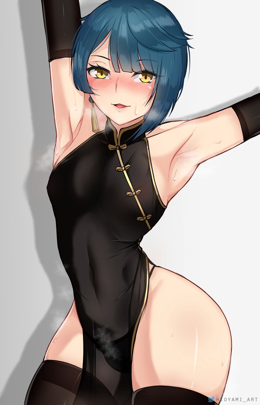 1boy androgynous armpits blue_hair blush bulge china_dress crossdressing eye_contact femboy feminine_male flat_chest genshin_impact girly hioyami looking_at_viewer male male_only penis_bulge solo sweat thick_thighs thighhighs thighs thong trap xingqiu_(genshin_impact) yellow_eyes