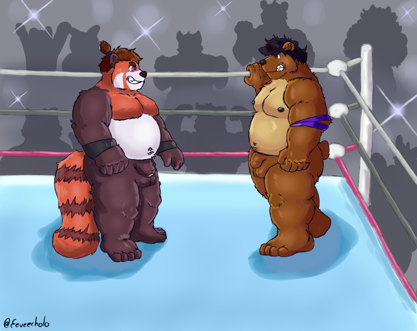 2020 absurd_res ailurid anthro ass balls belly black_nose brown_body brown_fur eeveecholo fighting_ring flaccid fur genitals group hi_res humanoid_hands male male_only mammal moobs musclegut navel nipples overweight overweight_male penis red_body red_fur red_panda ursid white_body white_fur wrestler