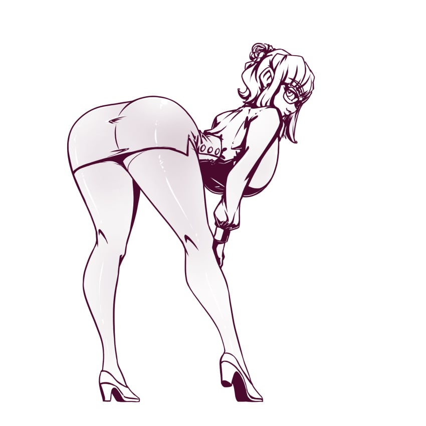 1girls bent_over big_ass big_breasts black_and_white bunny_ayumi clothes eyebrows_visible_through_hair female glasses hand_on_knee high_heels huge_ass huge_breasts looking_at_viewer monochrome n647 office_lady short_hair smirk solo thick_thighs twitch voluptuous wide_hips