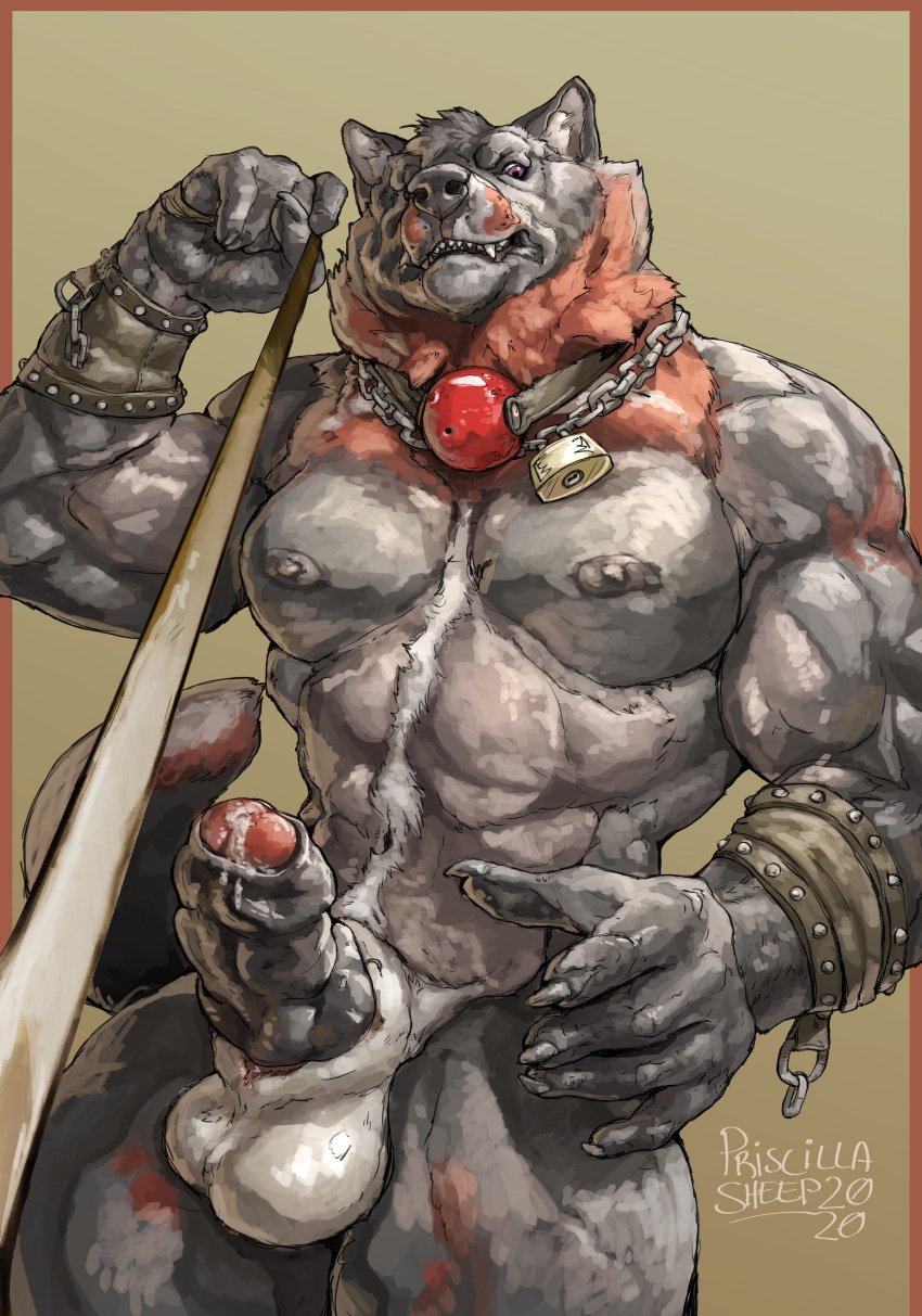 1boy 2020 abs absurd_res anthro artist_name ball_gag balls ballsack body_fur canine chains cum erection first_person_view fluffy_tail foreskin furry_balls gag genitals grey_fur hi_res hybrid_genitalia hybrid_penis intact knotted_humanoid_penis leash lock looking_at_viewer male male_nipples male_only male_pubic_hair mammal masculine mature_male muscles muscular_anthro muscular_male nude_male partially_retracted_foreskin pecs penis precum priscillasheep red_markings scrotum solo testicles uncut uralkodo_farkas wolf