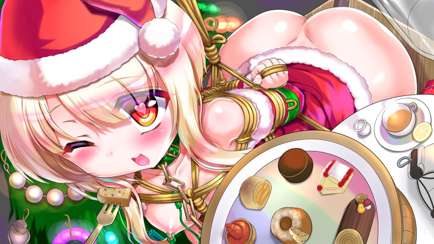 arms_behind_back ass azur_lane blonde_hair blush bondage bondage bondage bound breasts cake chains christmas collar commentary_request cup dessert eyebrows eyebrows_visible_through_hair eyes_visible_through_hair feeding female food fork fruit hat heart heart-shaped_pupils highres juneau_(azur_lane) leash lemon long_hair looking_at_viewer mndqn nipple_clamps nipples one_eye_closed open_mouth plate rope santa_costume santa_hat sex_toy slice small_breasts solo symbol-shaped_pupils tea teacup tears teeth tray vibrator vibrator_on_nipple wooden_horse yellow_eyes