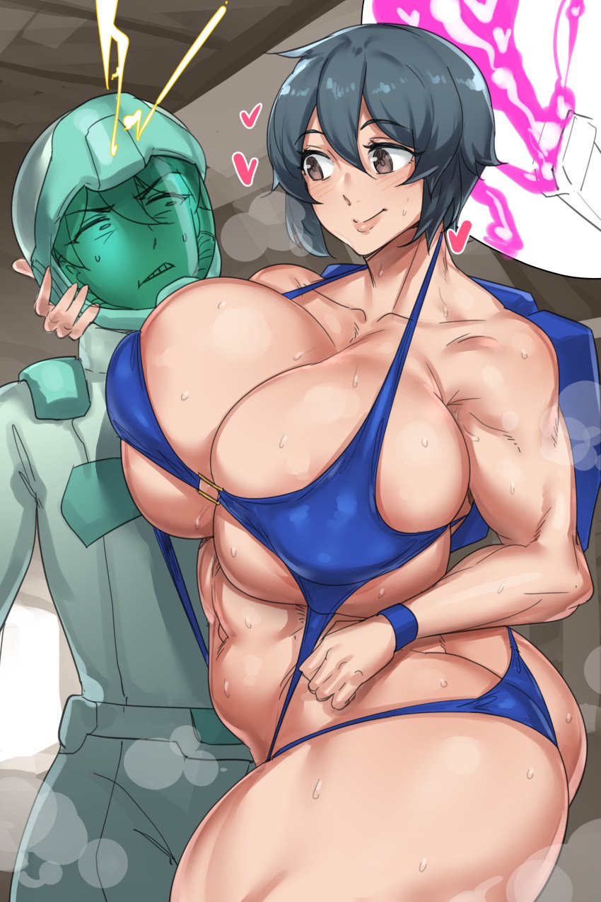 1boy 1girls ass_cleavage ban_(natedecock) big_breasts black_hair breasts butt_crack cosplay female gundam incest light-skinned_female light_skin milf mother mother_and_son muscular_female natedecock natsumi_(natedecock) neneka_corps original pilot_suit sling_bikini underboob venus_body victory_gundam