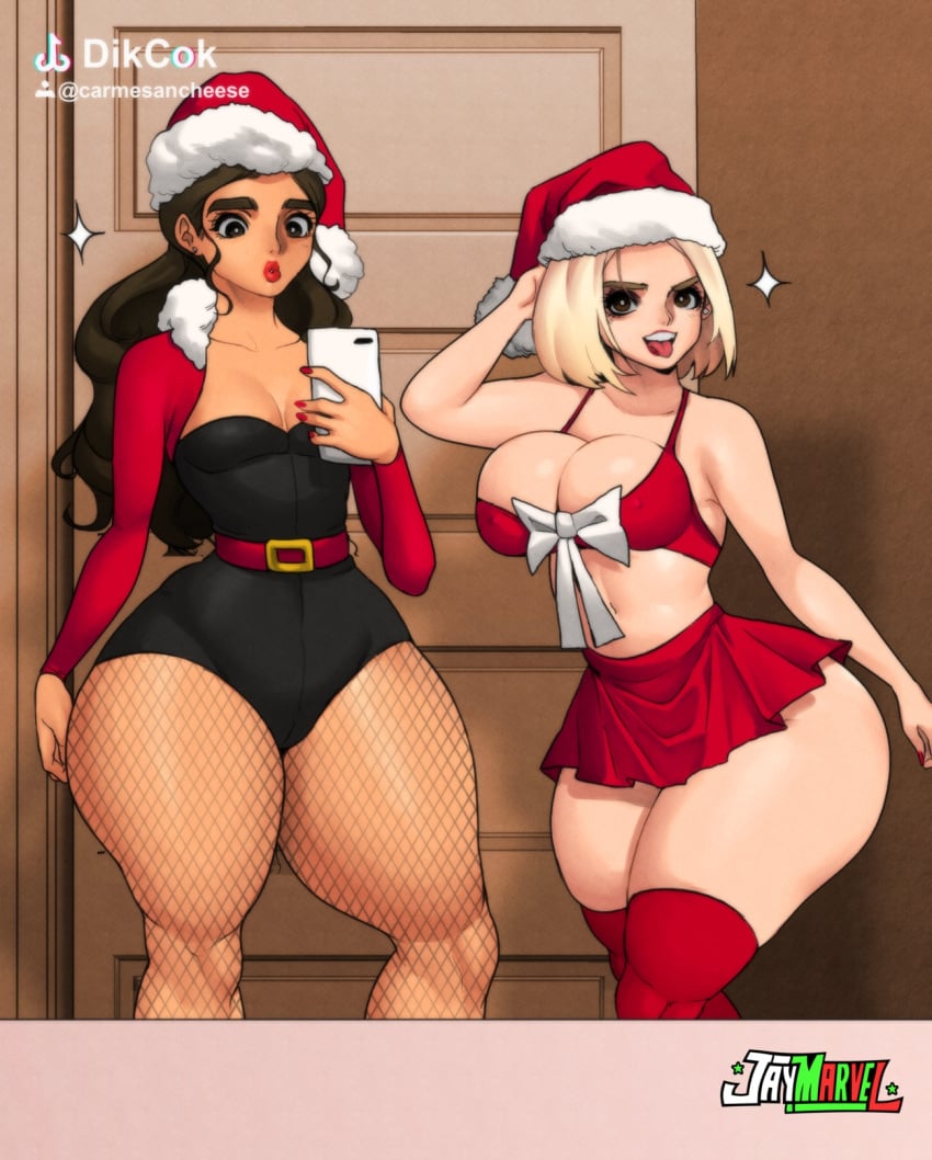 2girls artist_name big_ass big_breasts blonde_hair bottom_heavy bra brown_hair bubble_butt carmen_and_kelsie carmen_marvello christmas christmas_hat ear_piercing female female_only fishnet_pantyhose fishnets fur_trim huge_ass jay-marvel kelsie_daniels large_ass latina lingerie long_hair looking_at_viewer miniskirt overflowing_breasts pinup posing red_lipstick red_nails santa_hat selfie short_hair short_skirt skirt small_breasts standing thick_thighs tongue_out wide_hips