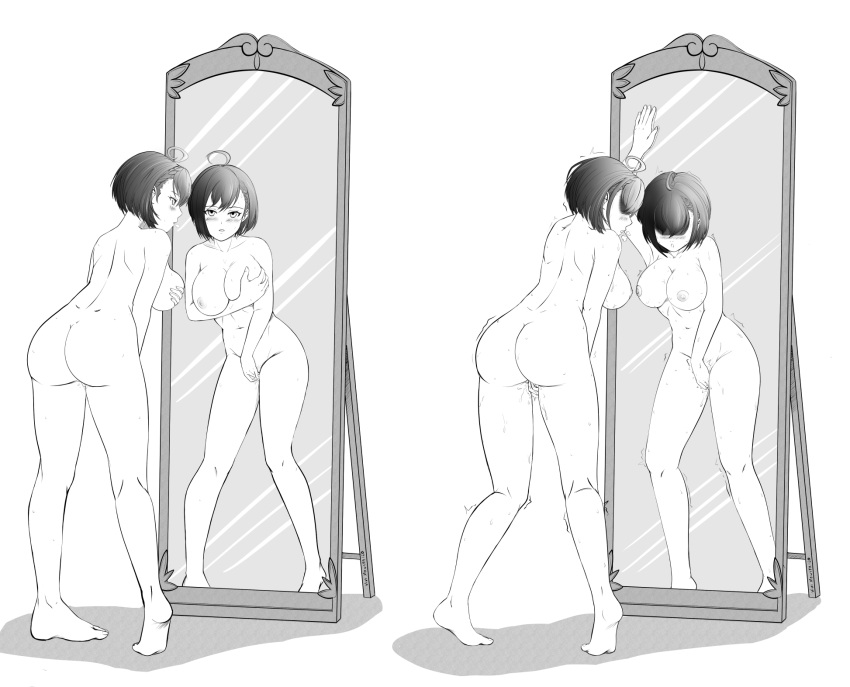 ahoge arm_support ass azur_lane baltimore_(azur_lane) blush breasts completely_nude female fingering full-length_mirror highres katoptronophilia large_breasts masturbation mirror monochrome multiple_views nude reflection short_hair standing sweat trembling vivi_monsta