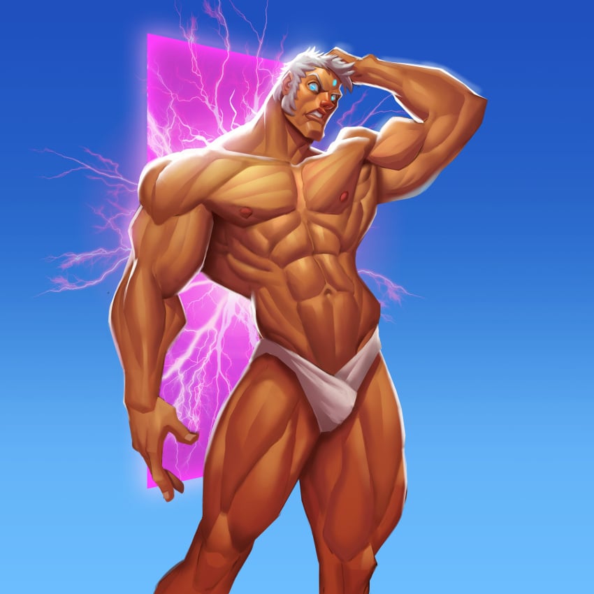 1boy capcom dark_skin forcefield human human_only male male_only muscular muscular_male simple_background solo_male street_fighter tagme thong urien white_hair