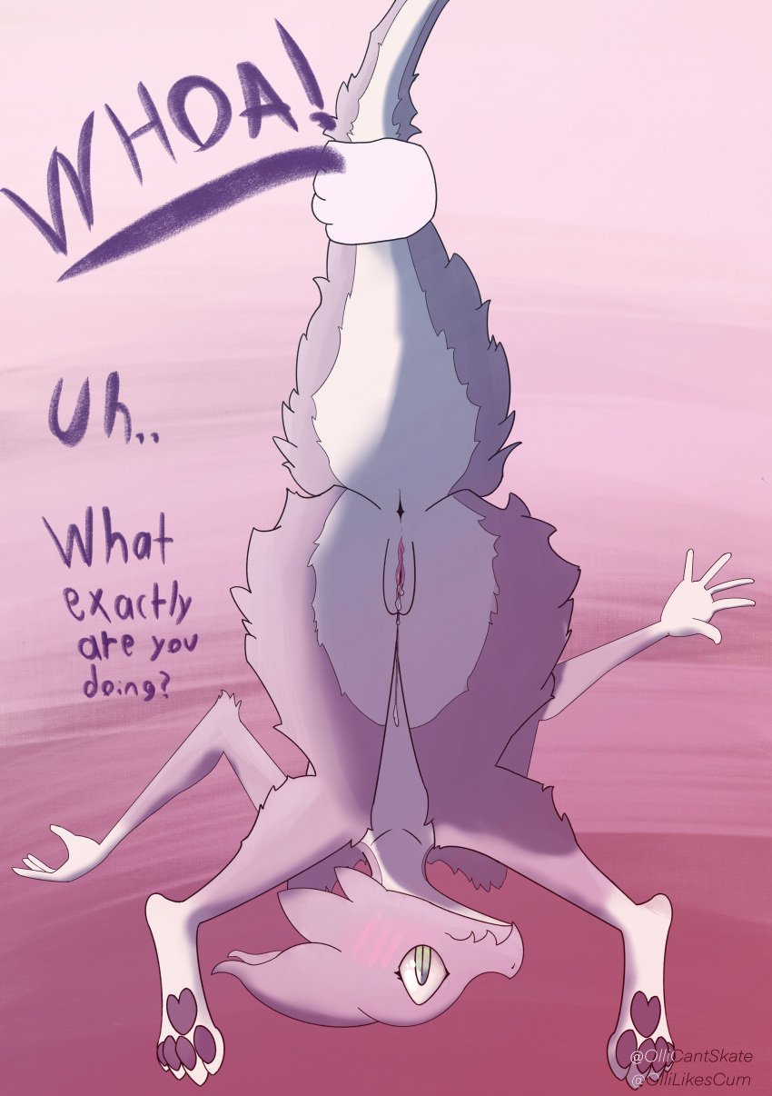 absurd_res anthro anus arm_tuft ass big_tail biped blush blush_lines bodily_fluids butt_fluff butt_tuft dialogue digital_media_(artwork) disembodied_hand elbow_tufts embarrassed english_text female fingers flat_chested fluffy fluffy_tail fur fur_tuft furry genital_fluids genitals held_by_tail hi_res kobold lifted_by_tail looking_at_viewer mammal multicolored_body multicolored_fur nude ollicantskate pawpads paws pupils pussy pussy_juice pussy_juice_drip raised_tail shaded shoulder_tuft simple_background slit_pupils solo solo_focus surprise tail_grab text thick_tail thick_thighs tuft upside-down wide_hips