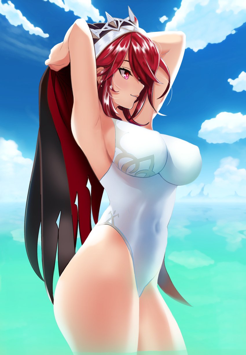 1girls armpits ass beach big_ass breasts erect_nipples erect_nipples_under_clothes female female_only genshin_impact hair_over_one_eye happyboynumber1 highres large_breasts nipple_bulge nun one-piece_swimsuit perky_breasts red_eyes red_hair rosaria_(genshin_impact) sideboob skin_tight smile sweat swimsuit veil wide_hips