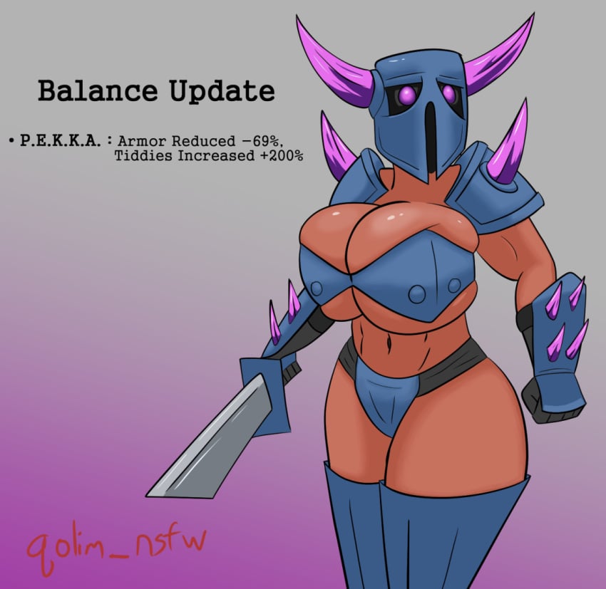 1girls big_breasts bikini_armor black_sclera breast_squish breasts broken_sword bursting_breasts clash_(series) clash_of_clans clash_royale cleavage clothing cropped_legs english_text evil_eyes female full_cleavage gameplay_mechanics gauntlets gradient_background grey_background helmet holding_sword huge_breasts knight large_breasts navel no_pupils pekka_(clash_of_clans) purple_background purple_eyes qolim robot robot_girl shoulder_armor shoulder_pads shoulder_spikes skindentation solo spiked_gauntlets spikes sword text thick_thighs unconvincing_armor warrior weapon