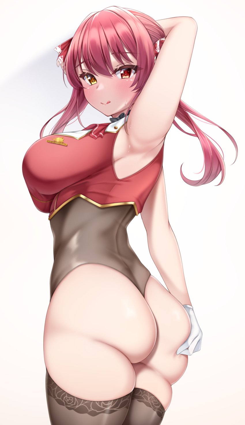 1girls :q absurdres arm_behind_head armpits ass ass_grab back bangs big_ass big_breasts black_legwear blush breasts gloves heterochromia highres hololive hololive_fantasy hololive_japan houshou_marine large_ass large_breasts leotard lomocya long_hair looking_at_viewer purple_hair red_eyes simple_background smile solo sweat thick_thighs thighhighs tongue tongue_out twintails virtual_youtuber white_background white_gloves yellow_eyes