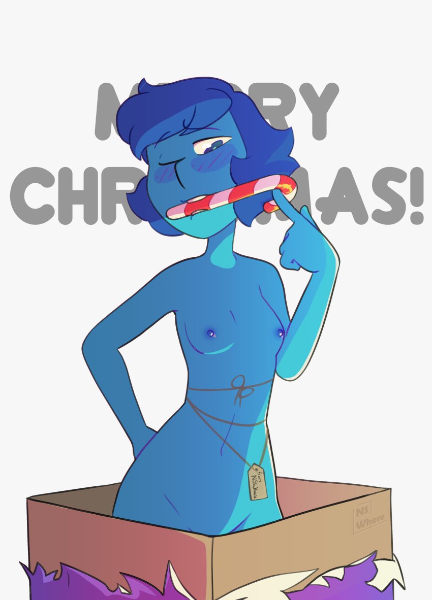 1girls blue_eyes blue_hair blue_skin blush candy_cane christmas lapis_lazuli_(steven_universe) merry_christmas neversaywhere nude present short_hair small_breasts steven_universe suggestive wink