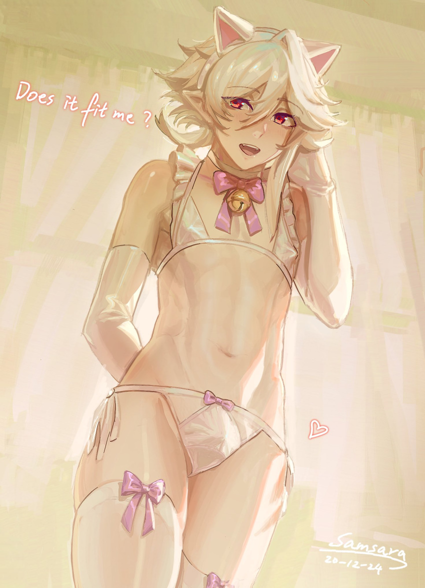 1boy balls_in_panties bell bulge cat_ears corrin_(fire_emblem) corrin_(fire_emblem)_(male) crossdressing dialogue english_text erection_under_clothes femboy fire_emblem fire_emblem_fates girly gloves lingerie male_only nintendo nipple_bulge pointy_ears samsara samsara_(shuukeura) solo text thighhighs trap