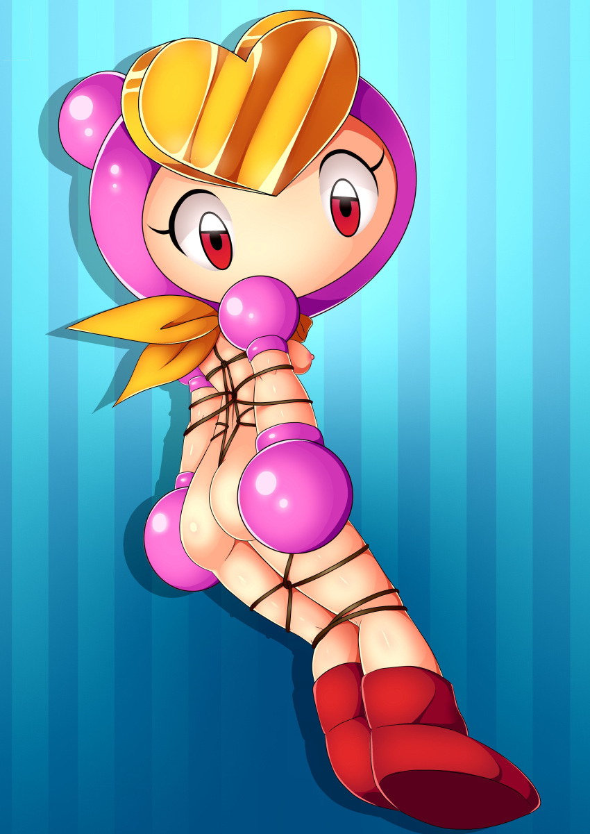 1girls absurd_res ass ass_focus blue_background bomberman breasts breasts_out female female_only konami looking_at_viewer neckerchief neckerchief_only nipples nude nude_female pale-skinned_female pale_skin pretty_bomber red_eyes solo solo_female striped_background tied tied_arms tied_legs tied_up yellow_neckerchief