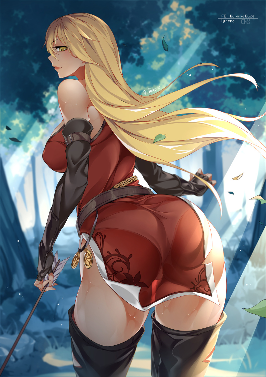 1girls arrow ass ass_focus back back_view beauty_mark big_ass big_breasts blonde_hair boots commission d._joko fire_emblem fire_emblem:_the_binding_blade forest igrene_(fire_emblem) large_ass large_breasts lips long_hair looking_at_viewer looking_back mature mature_female mole nintendo nipple_bulge outside panties pantylines smile solo solo_female sweat thick_thighs yellow_eyes