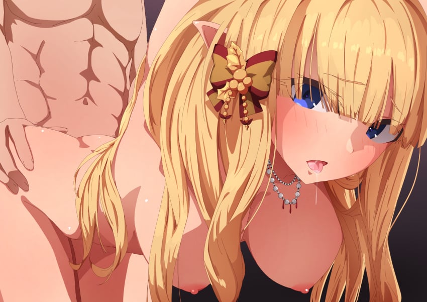 bangs blonde_hair blue_eyes blush bow breasts elf eyebrows_visible_through_hair female hair_ornament hairbow highres large_breasts long_hair looking_at_viewer open_mouth pointy_ears princess_connect! princess_connect!_re:dive saren_(princess_connect!) sex sonri