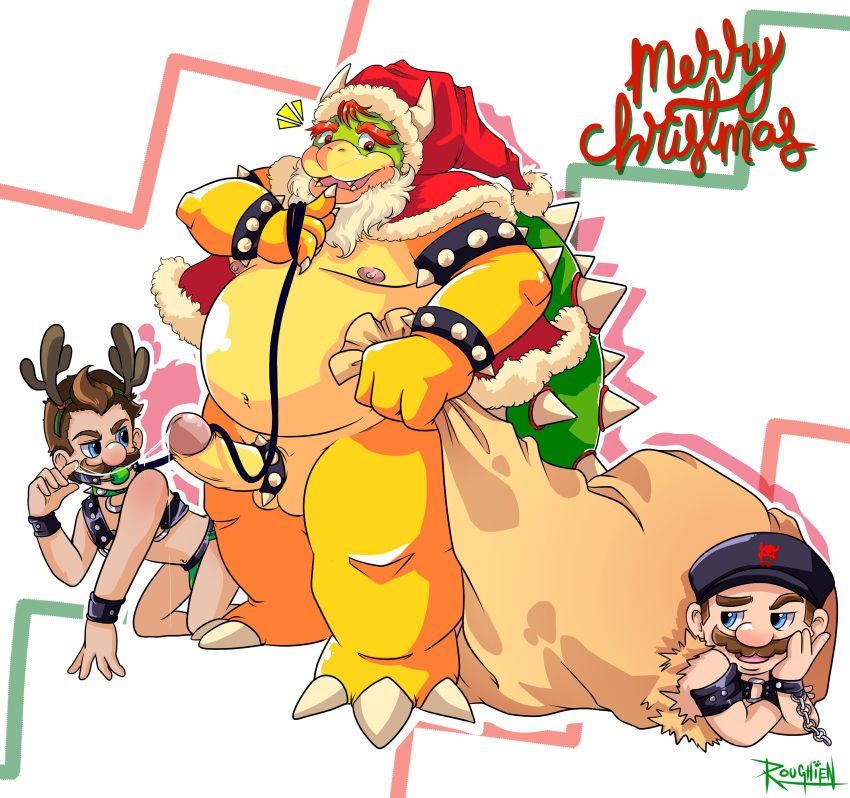 2020 3boys absurd_res all_fours anthro beard blue_eyes bondage bowser brown_hair christmas christmas_clothing christmas_headwear clothing cock_ring erection facial_hair full_body genitals group hat headgear headwear hi_res holidays horn human humanoid_hands koopa leather luigi male male_only malesub mammal mario mario_(series) moobs multiple_boys nintendo nipples overweight overweight_male penis petplay roleplay roughien_(artist) santa_hat scalie short_hair simple_background standing testicles underwear video_games