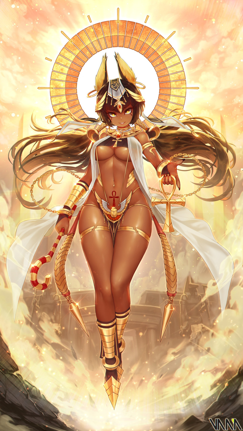 1girls animal_ears anubis dark-skinned_female dark_skin egyptian egyptian_clothes egyptian_mythology female female_only god goddess gold jackal_ears vana