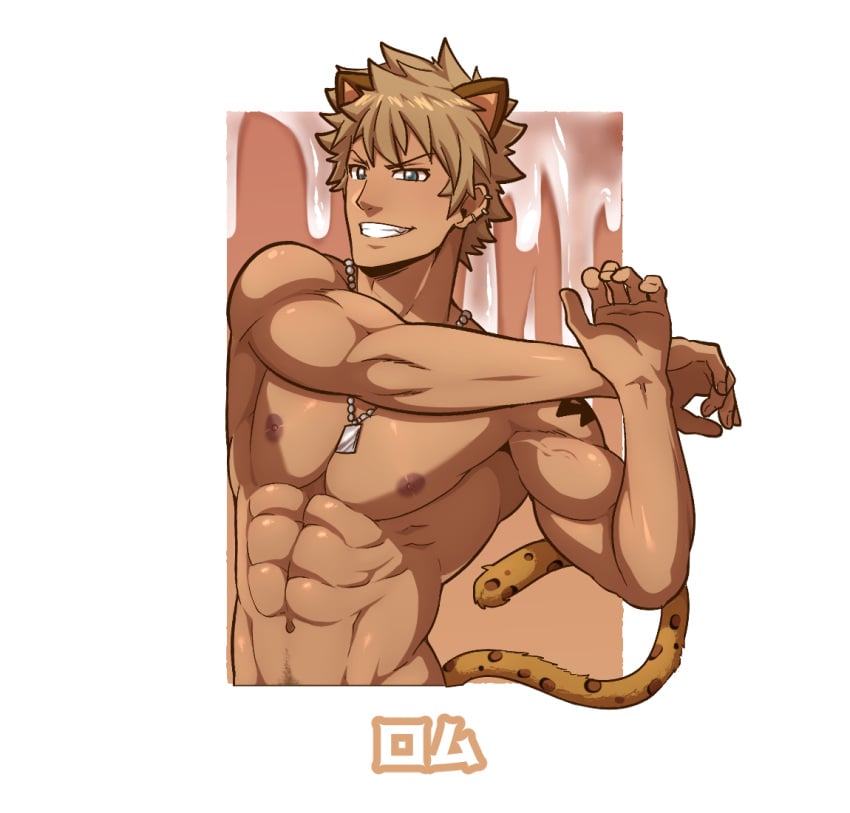 1boy abs animal_ears bara completely_nude excessive_cum gay inunekostudio jaguar_boy jaguar_ears jaguar_tail light_brown_hair male_focus male_only male_pubic_hair muscular muscular_male navel navel_hair nipples nude pectorals pubic_hair rom_(show_by_rock!!) short_hair show_by_rock!! six_fanarts_challenge smile solo stretch tail upper_body