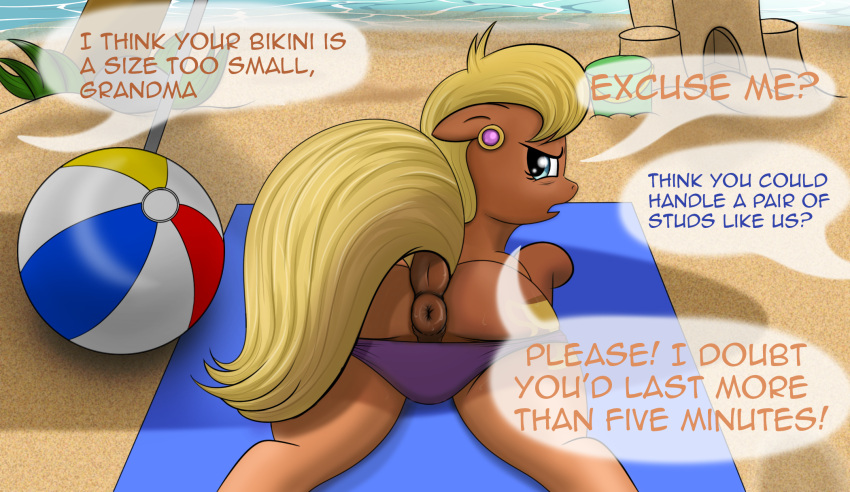 anus ass beach bikini bikini_bottom blonde_hair clothing dialogue equid equine female feral friendship_is_magic hair hi_res mammal mature_female ms._harshwhinny_(mlp) my_little_pony sand_castle sculpture seaside swimwear trash_anon