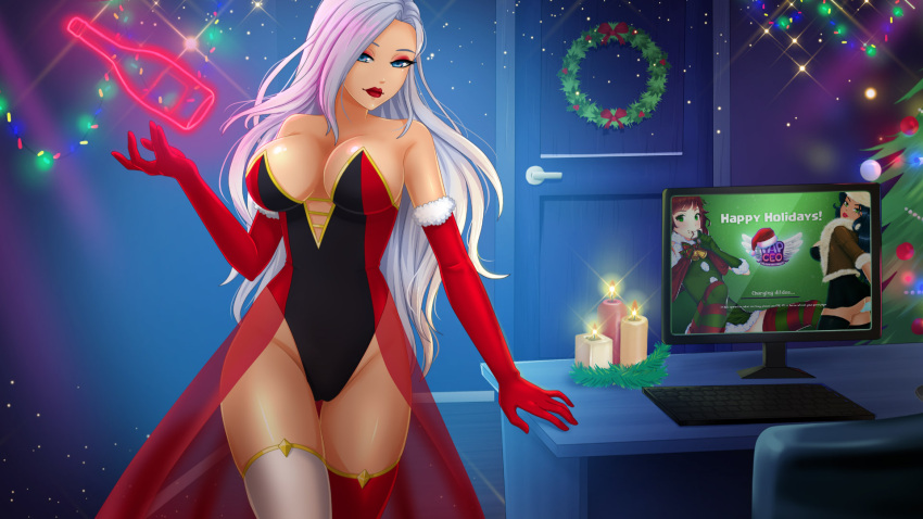 1girls bare_shoulders blue_eyes breasts christmas_elf closed_mouth dress fap_ceo female female_only hi_res high_resolution highres holly_(fap_ceo) human human_only large_breasts legs_together legwear long_hair looking_at_viewer mrs._claus mrs._claus_(fap_ceo) no_bra no_panties nutaku open_eyes smile smiling socks solo solo_female tagme thighs uncensored white_body white_hair white_skin