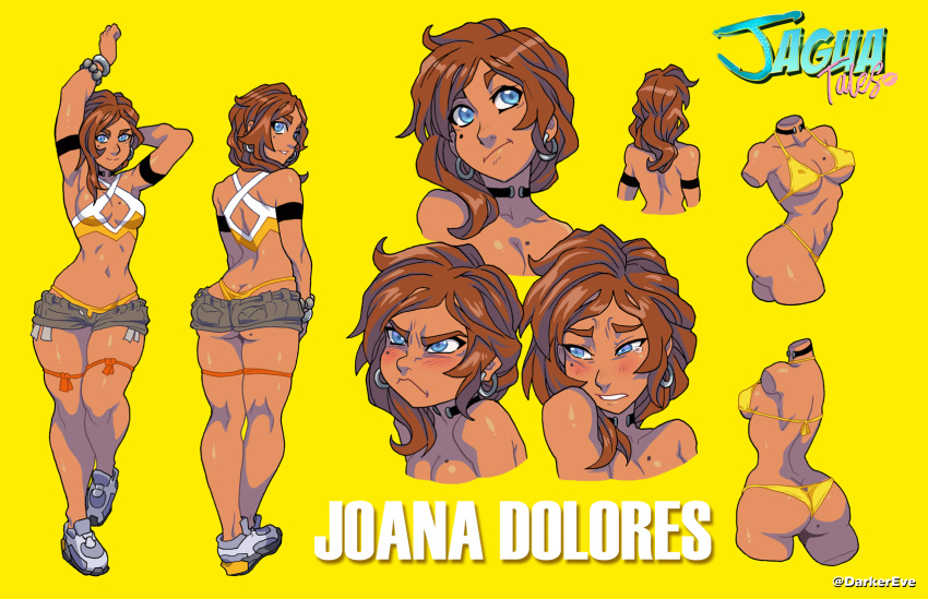 1girls ass_cleavage brown_hair bubble_butt butt_crack character_sheet choker curly_hair darkereve female hoop_earrings jagua_tales joana_dolores model_sheet short_hair short_shorts solo_female tagme tan_skin yellow_bikini yellow_bikini_bottom yellow_bikini_top
y_shaped_butt_crack