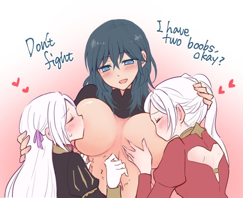 3girls blue_eyes blush breast_grab breast_sucking breasts breasts_out byleth_(fire_emblem) byleth_(fire_emblem)_(female) clothed_female color dialogue double_breast_sucking dual_persona edelgard_von_hresvelg english_dialogue english_text female female_focus female_only female_protagonist fire_emblem fire_emblem:_three_houses gentle_mommy hair_ornament hand_on_head huge_breasts large_breasts long_hair medium_hair multiple_girls nagasawa_(tthnhk) nintendo ponytail post-timeskip side_ponytail smile teal_hair text video_games white_hair yuri