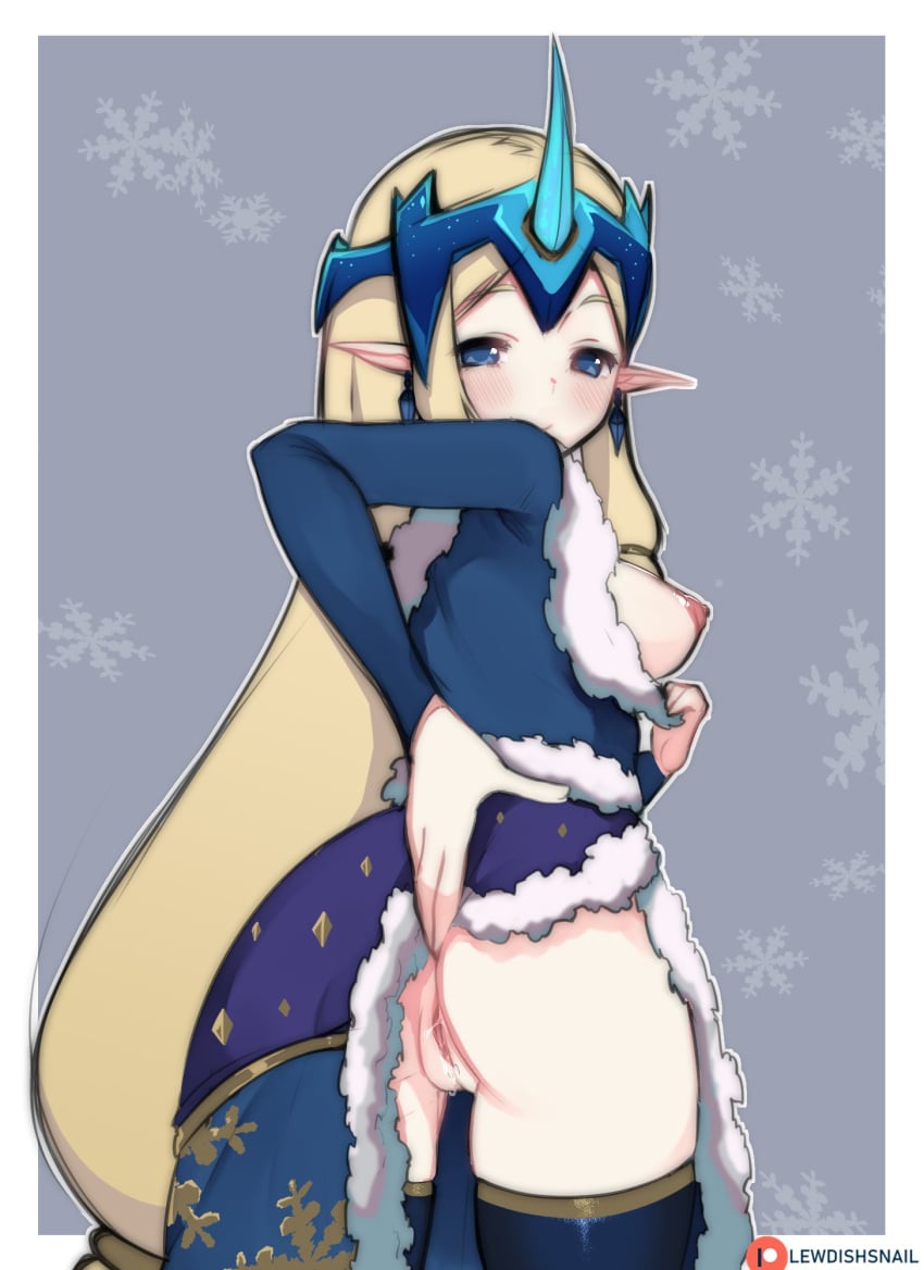 ass blonde_hair blue_eyes blush breasts butt_grab celestial_(league_of_legends) clothed elf_ears league_of_legends lewdishsnail pointy_ears revealing_pussy sketch snowdown_series solo solo_female soraka spread_pussy standing winter_wonder_soraka winter_wonderland_series