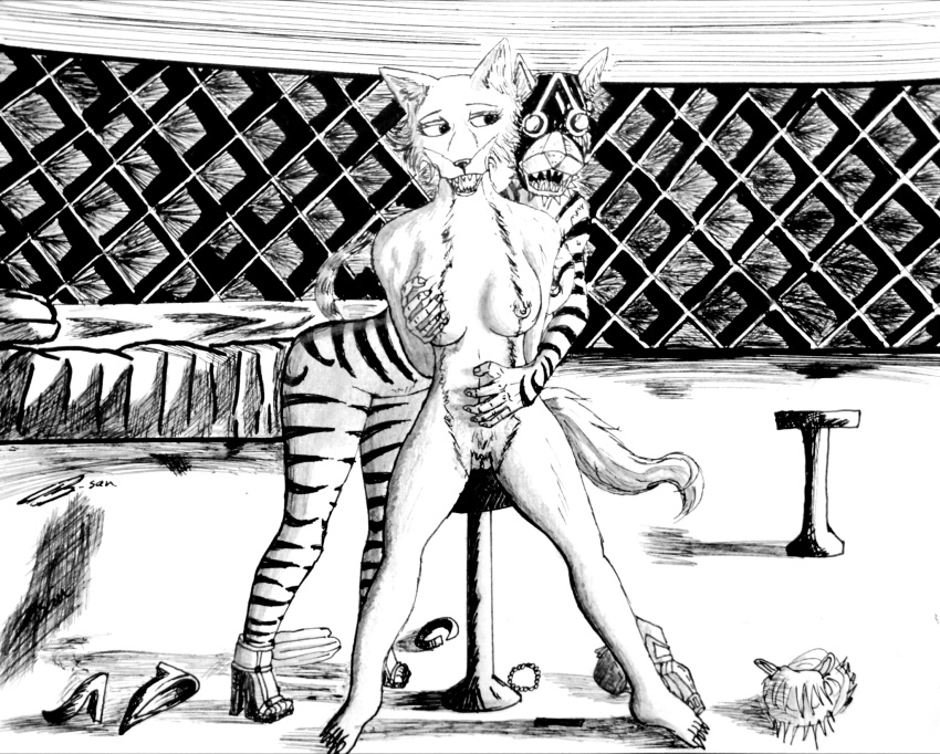 anthro beastars bodily_fluids bsan94 canid canine felid feline female female/female fingers fox fur genital_fluids genitals hi_res mammal monochrome pantherine pussy pussy_juice striped_body striped_fur stripes tiger yuri