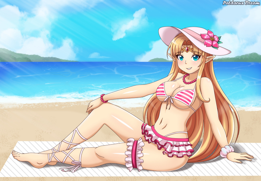 1girls a_link_between_worlds beach bikini blonde_hair blue_eyes bracelet breasts female female_only fully_clothed hat light-skinned_female light_skin lipstick long_hair looking_at_viewer nintendo ocean patdarux patdarux_dream pointy_ears princess_zelda solo solo_female the_legend_of_zelda zelda_(a_link_between_worlds)