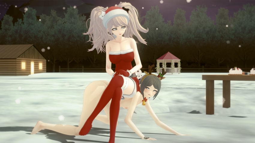 3d completely_nude danganronpa embarrassed embarrassed_nude_female enf female female_only femdom femsub flat_chest horseplay humiliation junko_enoshima koikatsu mukuro_ikusaba outside petplay ponyplay public_nudity red_socks riding snow socks straight_hair thigh_socks thighhighs torture ultimateenf winter yuri