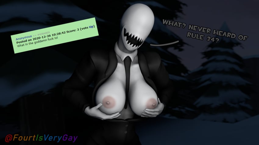 3d black_suit breasts creepypasta faceless female forest fourtisverygay holding_breast looking_at_viewer nightmare_waifu nipples office_lady presenting_breasts rule_63 sfm slenderman slenderwoman smiling snow source_filmmaker talking_to_viewer teasing text tie