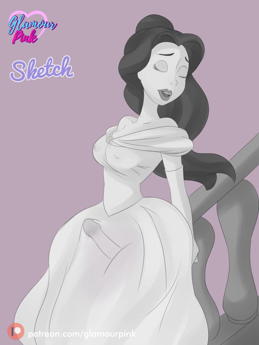 1futa beauty_and_the_beast belle black_and_white blush bulge closed_eyes clothed cross_section disney disney_princess dress erect_nipples_under_clothes erection futa_only futanari glamourpink panty_bulge penis solo_futa x-ray